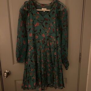 Guapa Teal Floral Tiered Long Sleeve Dress